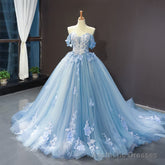 Blue Sweetheart Off Shoulder with Lace Applique Party Dress, Blue Sweet 16 Dress